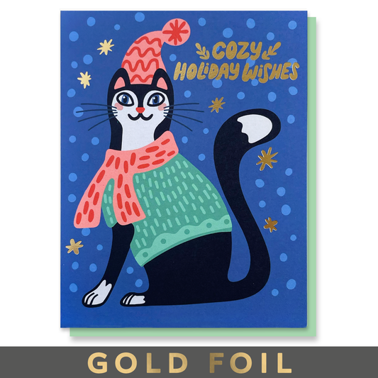 Cozy Cat Gold Foil Holiday Christmas Card Case of 6 / Box Set of 3