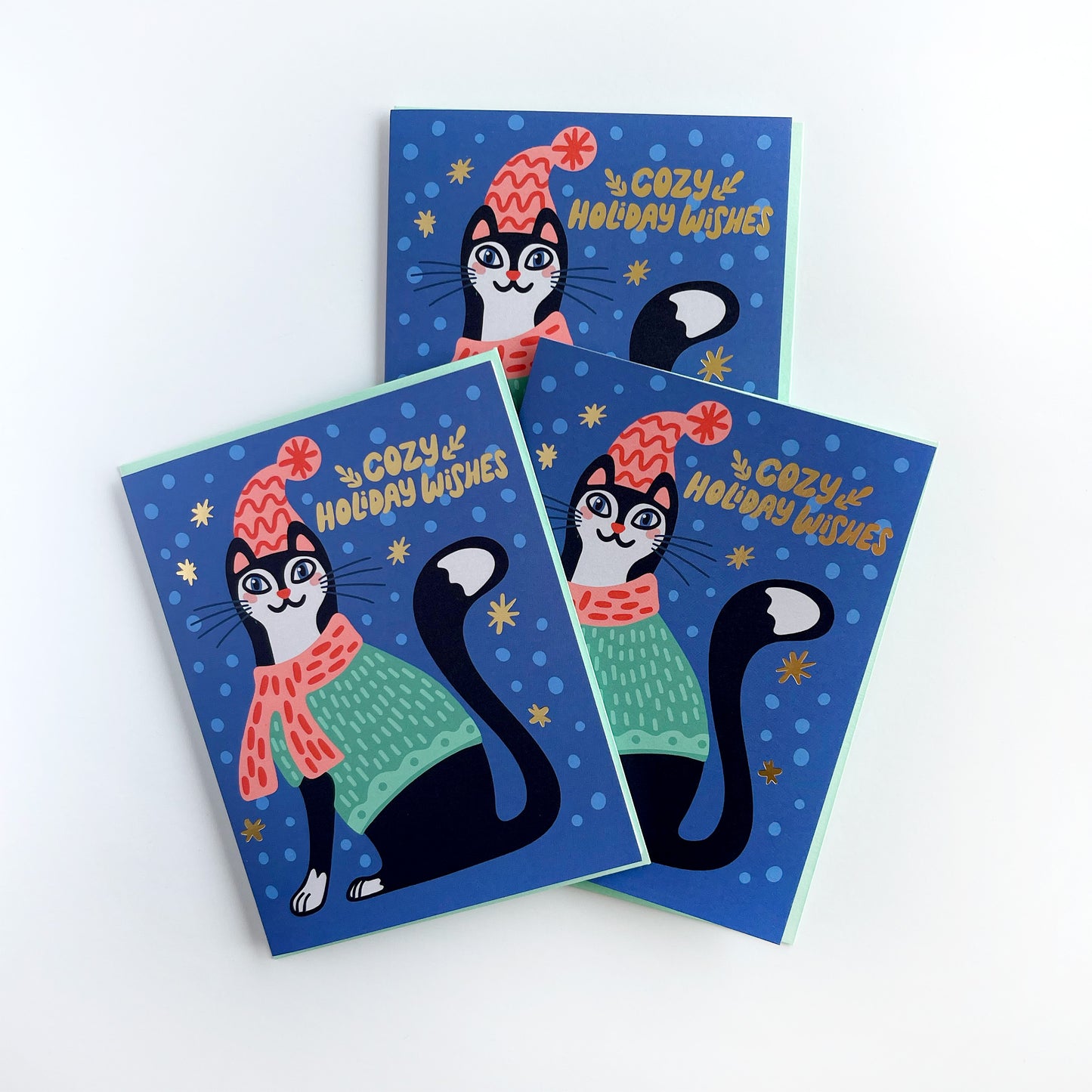 Cozy Cat Gold Foil Holiday Christmas Card Case of 6 / Box Set of 3