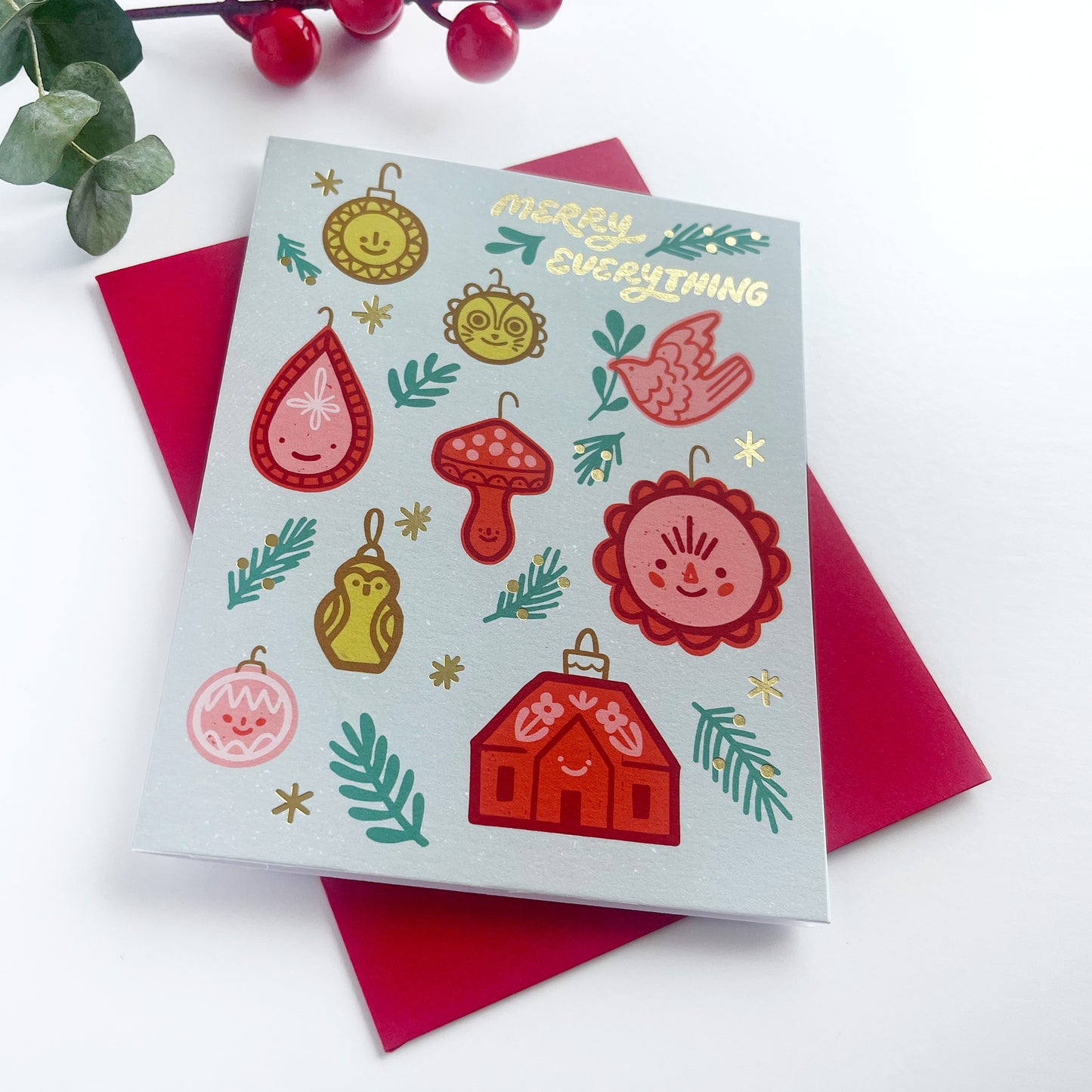 Merry Everything Ornaments Christmas Holiday Card Case of 6 / Box Set of 3